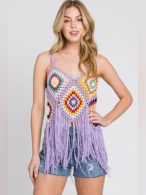 Sewn + Seen Lilac Crochet Fringe Hem Beachwear Cover (Flower Color May Vary)